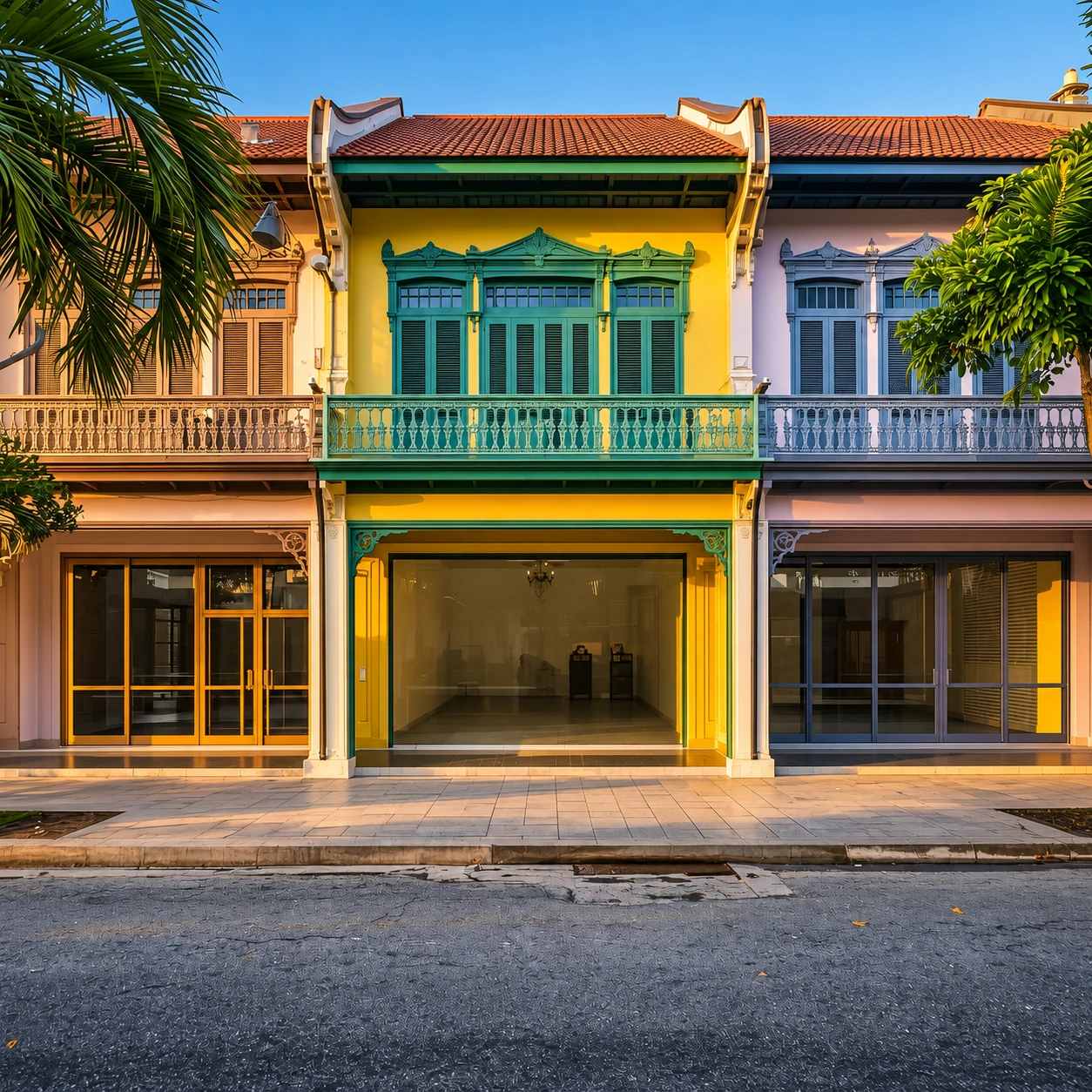 Colourful Singapore heritage shophouses with green shutters and open shopfronts